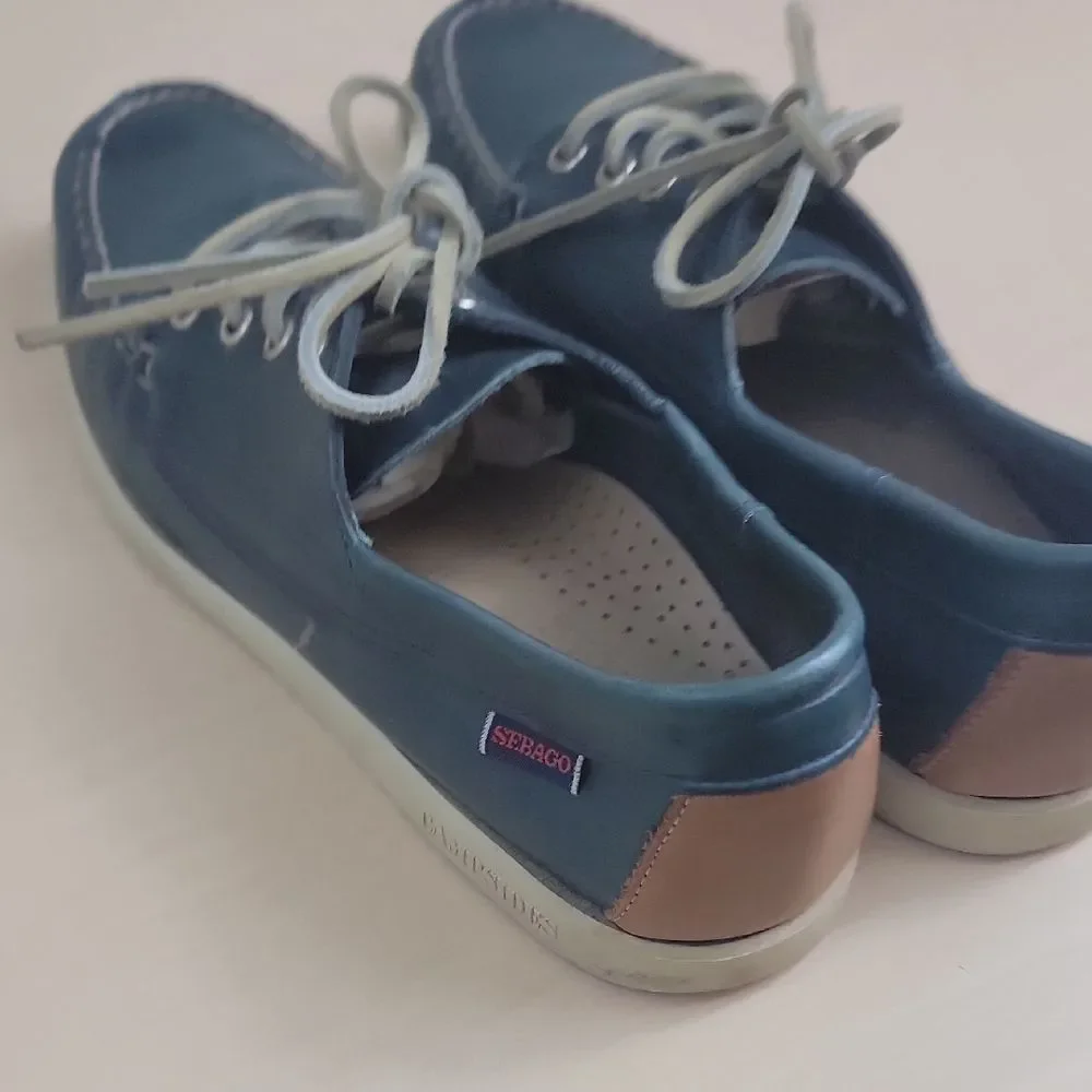 Sebago Preppy Coastal Old Money Navy Boat Shoes with Cream Laces